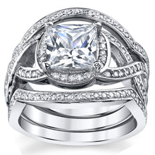Women's 3Pc Sterling Silver Engagement Ring Bands Bridal set 2 Carat Princess-Cut Cubic Zirconia