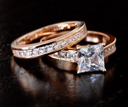 Women's Rose Tone Over Solid Sterling Silver Princess Cut Bridal Set Engagement Wedding Ring Bands Cubic Zirconia