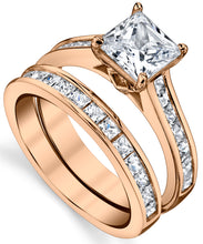 Women's Rose Tone Over Solid Sterling Silver Princess Cut Bridal Set Engagement Wedding Ring Bands Cubic Zirconia