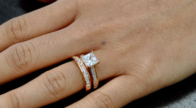Women's Rose Tone Over Solid Sterling Silver Princess Cut Bridal Set Engagement Wedding Ring Bands Cubic Zirconia