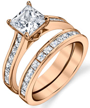 Women's Rose Tone Over Solid Sterling Silver Princess Cut Bridal Set Engagement Wedding Ring Bands Cubic Zirconia