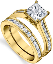 Women's Gold Tone Over Solid Sterling Silver Princess Cut Bridal Set Engagement Wedding Ring Bands Cubic Zirconia