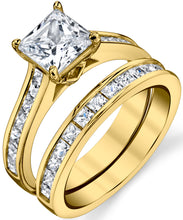 Women's Gold Tone Over Solid Sterling Silver Princess Cut Bridal Set Engagement Wedding Ring Bands Cubic Zirconia