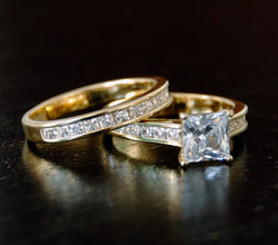 Women's Gold Tone Over Solid Sterling Silver Princess Cut Bridal Set Engagement Wedding Ring Bands Cubic Zirconia