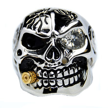 Men's Stainless Steel Skull Biker Ring Cubic Zirconia Stone & Bullet