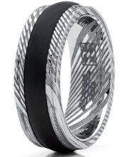 Men's Ribbed REAL Damascus Steel Ring Comfort Fit Band With Solid Carbon Fiber Wedge Inlay 8mm