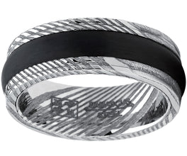 Men's Ribbed REAL Damascus Steel Ring Comfort Fit Band With Solid Carbon Fiber Wedge Inlay 8mm