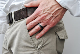 Men's Ribbed REAL Damascus Steel Ring Comfort Fit Band With Solid Carbon Fiber Wedge Inlay 8mm
