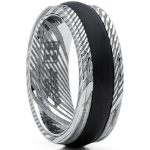 Men's Ribbed REAL Damascus Steel Ring Comfort Fit Band With Solid Carbon Fiber Wedge Inlay 8mm