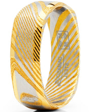 Men's Women's REAL Forged Damascus Steel Ring, Square Gold Tone Comfort Fit Band 6mm