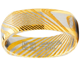 Men's Women's REAL Forged Damascus Steel Ring, Square Gold Tone Comfort Fit Band 6mm