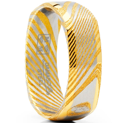 Men's Women's REAL Forged Damascus Steel Ring, Square Gold Tone Comfort Fit Band 6mm