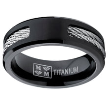 Men's Black Titanium ring Wedding band with Stainless Steel Cables sizes 7 to 12