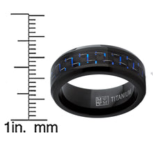 Men's Black Titanium Wedding Band Ring with Black and Blue Carbon Fiber inlay, Comfort fit 8mm, Sizes 6 to 15