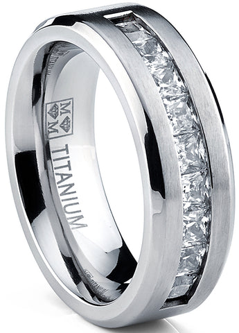 Titanium Men's .9Ct Wedding Band Engagement Ring 9 large Princess Cut Cubic Zirconia