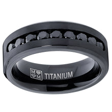 Men's Black Titanium Ring Wedding Engagement Band With 9 Large Channel Set Black CZ, 8mm