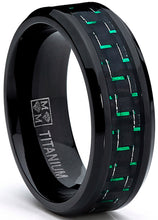 Men's Black Titanium Wedding Band Ring with Black and Green Carbon Fiber inlay, Comfort fit 8mm, Sizes 7 to 13
