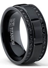 9MM Mens Black Titanium Wedding Band Ring 1Ct Double Row Black Cubic Zirconia Comfort-Fit