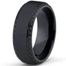 Black Titanium Men's  Brushed Wedding Band Ring W/ Black Cubic Zirconia, Two Row Eternity Ring
