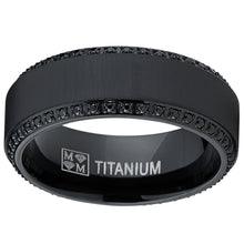Black Titanium Men's  Brushed Wedding Band Ring W/ Black Cubic Zirconia, Two Row Eternity Ring