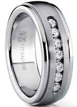 7MM Men's Dome Brushed Titanium Wedding Band Ring with 7 Round Cubic Zirconia, Comfort Fit