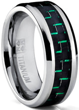 8MM Men's Titanium Wedding Band Ring with Black and Green Carbon Fiber Inlay, Comfort Fit