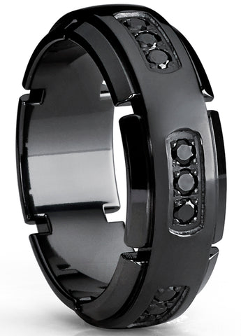8MM Men's Black Titanium Wedding Band Ring with Black Cubic Zirconia CZ