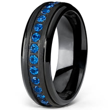 Black Titanium Men's Eternity Ring Band Deep Blue Cubic Zirconia 7MM CZ