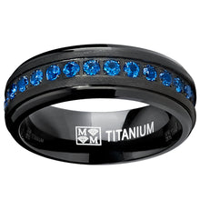 Black Titanium Men's Eternity Ring Band Deep Blue Cubic Zirconia 7MM CZ