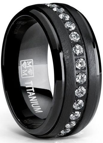 Black Titanium Men's Eternity Wedding Band Ring with Clear Round Cubic Zirconia 9mm