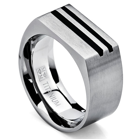 Men's Bold Titanium Pinky Ring Bands with Resin Inlay, Brushed Finish Comfort Fit 10mm Wide