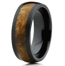 Men's Dome Black Titanium Wedding Band Ring with Real Marble Brown Wood Inlay, Comfort Fit 8mm