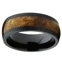 Men's Dome Black Titanium Wedding Band Ring with Real Marble Brown Wood Inlay, Comfort Fit 8mm