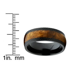 Men's Dome Black Titanium Wedding Band Ring with Real Marble Brown Wood Inlay, Comfort Fit 8mm