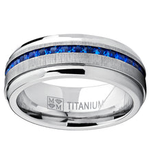 Men's 2.4Ct Eternity Titanium Wedding Band Engagement Ring W/ Blue Simulated Sapphire Cubic Zirconia Princess CZ