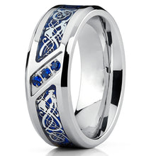 Men's Titanium Wedding Ring Band with Dragon Design Over Blue Carbon Fiber Inlay and Blue Cubic Zirconia