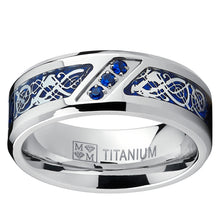 Men's Titanium Wedding Ring Band with Dragon Design Over Blue Carbon Fiber Inlay and Blue Cubic Zirconia