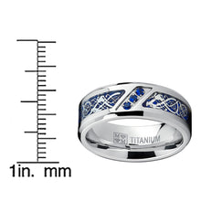 Men's Titanium Wedding Ring Band with Dragon Design Over Blue Carbon Fiber Inlay and Blue Cubic Zirconia