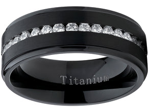 Black Titanium Men's Eternity Wedding Band Ring with Cubic Zirconia CZ, Comfort Fit 8mm