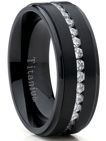 Black Titanium Men's Eternity Wedding Band Ring with Cubic Zirconia CZ, Comfort Fit 8mm