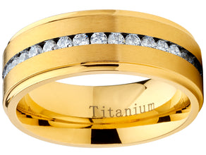 GoldTone Titanium Men's Eternity Wedding Band Ring with Cubic Zirconia CZ, Comfort Fit 8mm