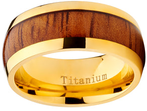 GoldTone Titanium Ring Wedding Band, Engagement Ring with Real Wood Inlay, 9mm Comfort Fit