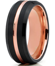Rose Tone / Black Brushed Titanium Ring Wedding Band, Engagement Ring, Grooved, Beveled Edge Ring 7-13