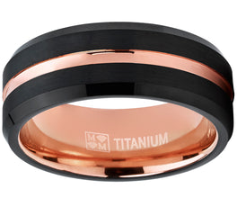 Rose Tone / Black Brushed Titanium Ring Wedding Band, Engagement Ring, Grooved, Beveled Edge Ring 7-13