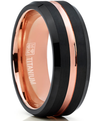 Rose Tone / Black Brushed Titanium Ring Wedding Band, Engagement Ring, Grooved, Beveled Edge Ring 7-13