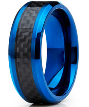 Men's Titanium Wedding Band, Engagement Ring, Blue Ion Plating and Black Cardon Fiber Inlay 8-13