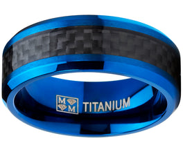 Men's Titanium Wedding Band, Engagement Ring, Blue Ion Plating and Black Cardon Fiber Inlay 8-13