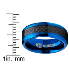 Men's Titanium Wedding Band, Engagement Ring, Blue Ion Plating and Black Cardon Fiber Inlay 8-13