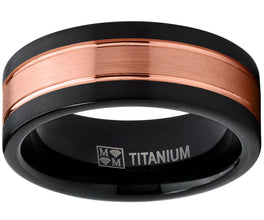Titanium Ring Wedding Band, Rose Tone Black Brushed Engagement Ring, Grooved, Comfort Fit 7-13