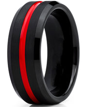 Men's Titanium Ring Wedding Band, Black and Red Plated Brushed Engagement Ring, Grooved, Comfort Fit 7-13